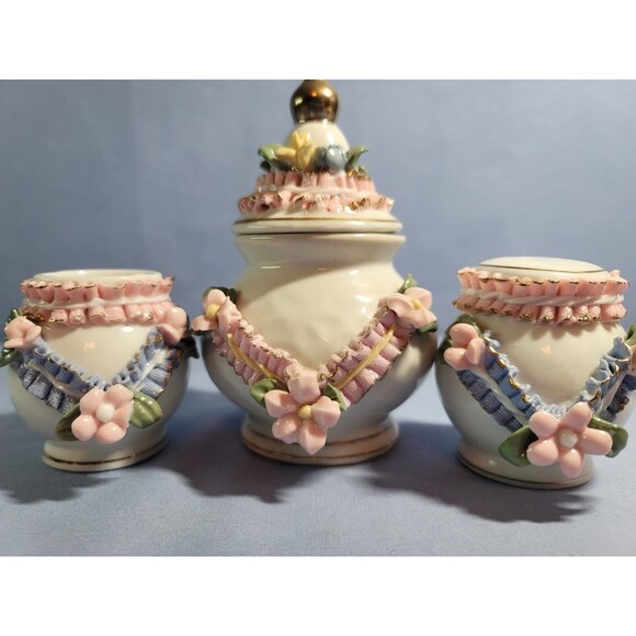 Mini Sugar Shaker Toothpick Holder Vintage Rose Garden Trinket Porcelain Set - Picture 4 of 11